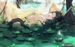  1girl bare_legs black_hair bu_zhiming_gaibang_xiashi bug butterfly closed_mouth dress highres jin_pinger_(zhu_xian) lily_pad long_hair looking_at_viewer lying on_back petals roots second-party_source solo upper_body vegetation yellow_dress yellow_eyes zhu_xian 