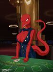  alien areola areola_slip bedroom_eyes big_breasts blackjack_dealer_(pilotredsun) bow_tie breasts card card_game casino cleavage cleavage_overflow clothed clothing curvy_figure demon female gambling gaming hi_res humanoid king meme narrowed_eyes playing_card poker red_body red_skin royalty seductive sixin spiked_tail spikes spikes_(anatomy) tight_clothing topwear unprofessional_behavior vest voluptuous 