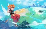  1boy alpaca_carlesi ark_(tenchi_souzou) armor baggy_pants bird brown_footwear cloud day english_commentary flying forest mountain nature orange_hair outdoors pants river short_hair short_sleeves shoulder_armor solo tenchi_souzou wings wristband 