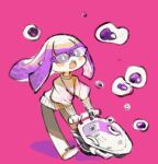  1girl blush_stickers commentary full_body glasses holding inkling inkling_girl long_hair mota open_mouth purple_hair simple_background solo splatoon_(series) sweater tentacle_hair 