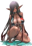  1girl absurdres bangs barefoot black_collar black_hair black_swimsuit blush breasts brown_hair cleavage collar commentary_request dark-skinned_female dark_elf dark_skin elf gradient_hair hair_between_eyes hey_taisyou highres jewelry large_breasts long_hair looking_at_viewer multicolored_hair navel_piercing o-ring o-ring_swimsuit one_knee original parted_lips piercing pointy_ears simple_background solo swimsuit very_long_hair 