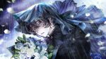  1girl black_dress black_hair blue_eyes bouquet crying dress earrings eyelashes funeral_dress highres holding holding_bouquet ida_rintarou jewelry original rain solo upper_body wet 