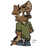  1:1 alpha_channel anthro blue_bottomwear blue_clothing blue_pants bottomwear canid canine canis clothing domestic_dog green_clothing green_shirt green_topwear hanes male mammal matt_riskely pants shirt solo t-shirt tinydeerguy topwear unbuttoning underwear white_clothing white_underwear 