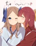  2girls ;) asakaze_(kancolle) bangs blue_eyes blush closed_eyes commentary_request hachino_mugi hair_ribbon hakama highres japanese_clothes kamikaze_(kancolle) kantai_collection kiss kissing_cheek light_brown_hair long_hair meiji_schoolgirl_uniform multiple_girls one_eye_closed parted_bangs pink_hakama purple_hair ribbon sidelocks smile upper_body yellow_ribbon yuri 