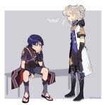  2boys albedo_(genshin_impact) armor artist_name black_gloves blue_eyes blue_hair english_text genshin_impact gloves grey_hair head_rest jacket japanese_armor kote looking_at_another male_focus medium_hair multiple_boys sandals scaramouche_(genshin_impact) short_hair short_sleeves shorts simple_background sitting standing topazice white_jacket 