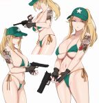  1girl arm_tattoo bangs bare_shoulders baseball_cap bikini black_gloves blonde_hair breasts cleavage collarbone cropped_legs feet_out_of_frame fingerless_gloves fingernails flower_tattoo gloves gongba_laoge green_bikini green_headwear gun handgun hat highres holding holding_gun holding_weapon large_breasts long_hair looking_at_viewer looking_away mole mole_under_mouth nail_polish navel navel_piercing open_mouth original out_of_frame parted_lips piercing pink_nails ponytail print_headwear purple_eyes sideboob solo standing star_(symbol) star_print swimsuit tattoo weapon white_background 