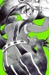  1girl :&gt; asui_tsuyu bodysuit boku_no_hero_academia frog_girl gloves goggles goggles_on_head green_background highres long_hair looking_at_viewer low-tied_long_hair monochrome simple_background solo takatsuki_ichi tongue 