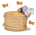  1girl absurdres antenna_hair black_jacket braid eating food food_on_face grey_hair hair_between_eyes highres jacket kizuna_akari long_hair long_sleeves milkpanda orange_thighhighs simple_background solo striped striped_thighhighs thighhighs twin_braids vertical-striped_thighhighs vertical_stripes voiceroid white_background 