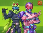  2boys adapted_costume animal_hood antennae blue_eyes bug commentary_request demon demon_boy grasshopper green_scarf highres hood huujyu kamen_rider kamen_rider:_beyond_generations kamen_rider_01_(series) kamen_rider_revi kamen_rider_revice kamen_rider_vice male_focus multiple_boys neo-batta_genome pink_armor pointing pose purple_armor reiwa rising_hopper scarf tokusatsu vistamp 