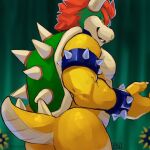 anthro big_muscles bowser bracelet butt butt_focus clothing collar eyebrows fire hair hi_res horn jewelry koopa looking_at_viewer looking_back looking_back_at_viewer looking_down looking_down_at_viewer low-angle_view male mario_bros muscular muscular_anthro muscular_male narrowed_eyes nintendo nude rear_view scalie seibrxan smile solo spiked_bracelet spiked_collar spiked_tail spikes spikes_(anatomy) standing video_games 