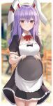 1girl alternate_costume animal_ears aohane apron blurry blurry_background blurry_foreground bow bowtie breasts depth_of_field enmaided highres holding holding_tray light_smile long_hair looking_at_viewer maid purple_hair rabbit_ears red_bow reisen_udongein_inaba solo touhou tray 