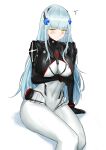  1girl absurdres arm_support arm_under_breasts armored_bodysuit bangs blunt_bangs blush bodysuit breast_hold breasts cross_hair_ornament facial_mark girls&#039;_frontline green_eyes hair_ornament highres hk416_(girls&#039;_frontline) hk416_(midnight_evangelion)_(girls&#039;_frontline) long_hair multicolored_bodysuit multicolored_clothes official_alternate_costume sitting teardrop_facial_mark teardrop_tattoo tofu_(killer150) white_background white_bodysuit white_hair 