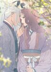  1boy 1girl blurry branch brown_hair bun_cover chinese_clothes clothes_grab couple day depth_of_field eye_contact face-to-face finger_to_another&#039;s_mouth grey_hair half_updo hand_up hanfu hetero imminent_kiss juuni_kokuki king_tai_(juuni_kokuki) kyusui_polymer lipstick long_hair long_sleeves looking_at_another looking_away low_ponytail makeup parted_lips pink_robe ponytail risai_(juuni_kokuki) robe sash sidelocks upper_body wide_sleeves 