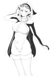  1girl absurdres breasts cosplay covered_navel drawfag drawstring emperor_penguin_(kemono_friends) emperor_penguin_(kemono_friends)_(cosplay) eyewear_on_head gloves greyscale hand_on_own_head highres hololive hololive_indonesia kaela_kovalskia kemono_friends large_breasts leotard monochrome short_hair skindentation smile solo sunglasses thighhighs turtleneck virtual_youtuber 