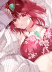  1girl alternate_costume bangs bra breasts chest_jewel earrings gem headpiece jewelry konoha2014 large_breasts pyra_(xenoblade) red_eyes red_hair short_hair solo swept_bangs tiara underwear xenoblade_chronicles_(series) xenoblade_chronicles_2 