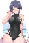  1girl alternate_breast_size ass_visible_through_thighs bangs blush boku_no_hero_academia breasts collarbone covered_collarbone covered_navel highres jirou_kyouka large_breasts long_earlobes looking_at_viewer one-piece_swimsuit purple_eyes purple_hair shinonome_mozuku short_hair sitting solo swimsuit thick_thighs thigh_gap thighs wet 