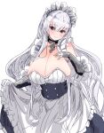  1girl absurdres azur_lane bangs belfast_(azur_lane) black_eyes blush breasts broken broken_chain chain cleavage collar dress frilled_dress frills gloves grey_hair hair_between_eyes hand_on_own_chest hey_taisyou highres large_breasts long_hair maid maid_headdress simple_background skirt_hold smile solo very_long_hair white_background white_gloves 