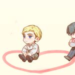  2boys belt black_footwear black_hair black_pants blonde_hair blue_eyes blush brown_hair chibi collared_shirt covered_eyes erwin_smith full_body ggggg grey_shirt heart holding holding_heart hugging_own_legs knees_up levi_(shingeki_no_kyojin) long_sleeves looking_afar male_focus multiple_boys out_of_frame pants shingeki_no_kyojin shirt shoes short_hair sideburns simple_background sitting walking white_shirt yellow_background 