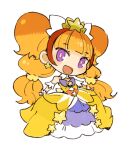  1girl amanogawa_kirara chibi cure_twinkle dress earrings full_body gloves go!_princess_precure jewelry long_hair looking_at_viewer mota multicolored_hair open_mouth orange_hair precure purple_eyes simple_background smile solo star_(symbol) star_earrings twintails two-tone_hair white_background white_gloves 