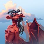  1:1 anthro areola black_areola black_hair black_nipples breasts cloud dragon ear_piercing eyewear female fivel hair hi_res horn light looking_away nipples nude piercing red_body red_scales scales scalie side_view sky smile solo sunglasses sunlight wing_claws wings zoey_(fivel) 