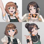  4girls ;d ayase_honoka bangs black_hair blunt_bangs bracelet braid braided_bangs brown_hair collage dress earrings french_braid frilled_sleeves frilled_square_(idolmaster) frills gloves grey_background grin hair_bun highres idolmaster idolmaster_cinderella_girls jewelry kitami_yuzu kudo_shinobu lace-trimmed_shirt lace-trimmed_sleeves lace_trim looking_at_viewer momoi_azuki multiple_girls nail_polish namiko817 one_eye_closed polka_dot polka_dot_shirt portrait puffy_short_sleeves puffy_sleeves shirt short_sleeves simple_background single_hair_bun sleeveless sleeveless_shirt smile striped striped_dress suspenders white_gloves 