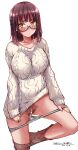  1girl absurdres bar_censor blush braid breasts censored clothes_lift clothes_pull collarbone dated fujimiya_sumika_(isekai_ojisan) glasses hand_on_own_thigh highres isekai_ojisan large_breasts lifted_by_self looking_at_viewer medium_hair original panties panty_pull pantyhose pantyhose_pull pubic_hair pulled_by_self purple_hair pussy pussy_juice signature simple_background smile solo standing standing_on_one_leg sweatdrop sweater sweater_lift underwear white_background white_panties white_sweater yazawa_mana 