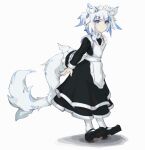 1girl absurdres animal_ear_fluff animal_ears black_footwear blue_eyes blue_hair blush cat_ears cat_girl cat_tail chunkyeggy closed_mouth film_grain frills gawr_gura grey_background grey_hair highres hololive hololive_english maid maid_headdress multicolored_hair purple_hair short_hair short_twintails simple_background solo streaked_hair tail tail_strap twintails v-shaped_eyebrows virtual_youtuber 