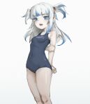  1girl absurdres arms_behind_back bare_shoulders blue_eyes blue_hair blue_swimsuit blush character_name chunkyeggy covered_navel film_grain gawr_gura grey_background grey_hair highres holding_own_arm hololive hololive_english long_hair multicolored_hair open_mouth school_swimsuit short_twintails simple_background single_bare_shoulder solo streaked_hair swimsuit teeth tongue twintails upper_teeth virtual_youtuber 