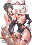  2girls animal_ears arms_up black_eyes black_jacket black_pantyhose bow bowtie breast_press breasts clenched_hand copyright_name dagger detached_collar earrings fake_animal_ears fake_tail fiona_frost fishnet_thighhighs fishnets green_hair hair_over_one_eye highres holding holding_dagger holding_hands holding_weapon interlocked_fingers jacket jewelry knife large_breasts leotard multiple_girls open_mouth pantyhose playboy_bunny poking_pussy rabbit_ears rabbit_tail red_bow red_bowtie red_eyes short_hair short_hair_with_long_locks smile spy_x_family stiletto_(weapon) strapless strapless_leotard stud_earrings sweat symmetrical_docking tail thighhighs traditional_bowtie weapon white_hair wrist_cuffs yazawa_mana yor_briar 