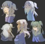  1girl back blue_eyes blue_hair blush chunkyeggy clenched_teeth crossed_arms gawr_gura grey_background grey_hair half-closed_eyes highres hololive hololive_english hood hood_down hoodie long_hair looking_up multicolored_hair multiple_views open_mouth profile short_twintails simple_background streaked_hair sweat teeth twintails upper_body virtual_youtuber 
