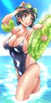  1girl :d absurdres arms_up black_hair blue_eyes blue_sky blue_swimsuit blush bob_cut breasts casual_one-piece_swimsuit covered_navel day goggles goggles_on_head green_innertube hair_ornament hairclip highres innertube kirigaya_suguha large_breasts looking_at_viewer ocean one-piece_swimsuit open_mouth outdoors partially_submerged school_swimsuit shiny shiny_hair shiny_skin short_hair sideboob sky smile solo standing swimsuit sword_art_online undersized_clothes wading water wet yazawa_mana 