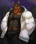  abs absurd_res anthro black_nose bottomwear canid canine canis cinna-tree city city_background clothed clothing dobermann domestic_dog hi_res jacket male mammal muscular muscular_male open_clothing open_jacket open_topwear pecs pinscher pupils slit_pupils smile smirk solo topwear yellow_eyes 