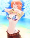  1girl arm_tattoo beach belt bikini blue_bikini blurry blurry_background blush breasts brown_eyes brown_pants cleavage clothes_lift cloud day highleg highleg_bikini highres lifted_by_self log_pose looking_at_viewer mcdobo medium_breasts nami_(one_piece) navel ocean one_piece orange_hair outdoors pants print_bikini red_belt shirt shirt_lift short_hair sideboob solo straight_hair swimsuit tattoo underboob undressing yellow_shirt 