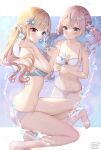  2girls ass bangs bare_arms bare_legs bare_shoulders barefoot bikini blonde_hair blue_bikini blue_nails blush bow breasts closed_mouth commentary_request dated fingernails floating_hair food hair_bow hands_up highres holding holding_food ice_cream inui_sajuna kitagawa_marin long_fingernails long_hair medium_breasts mismatched_bikini multiple_girls nail_polish navel neki_(wakiko) pink_bikini pink_hair purple_eyes shell_hair_ornament signature small_breasts sono_bisque_doll_wa_koi_wo_suru starfish_hair_ornament swimsuit twintails very_long_hair water white_background white_bikini white_bow 