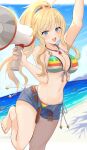  1girl bikini bikini_under_clothes blonde_hair blue_eyes blush breasts cleavage highres idolmaster idolmaster_cinderella_girls looking_at_viewer medium_breasts megaphone multicolored_bikini multicolored_clothes navel ohtsuki_yui outdoors ponytail sidelocks smile solo standing standing_on_one_leg striped striped_bikini swimsuit toes yui081 