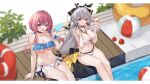  2girls absurdres arknights arm_support bangs bare_arms bare_shoulders bikini black_choker black_ribbon breasts chinese_commentary choker cleavage collarbone commentary_request cup feet_out_of_frame food grey_hair hair_ribbon halterneck hand_up hands_up highres holding holding_cup holding_food holding_spoon innertube large_breasts long_hair looking_at_viewer low-tied_long_hair mismatched_bikini multiple_girls navel open_mouth pink_hair pool popsicle purestream_(arknights) purple_eyes red_eyes ribbon side-tie_bikini sitting spoon srf_feng stomach swimsuit thighs water weedy_(arknights) white_bikini 