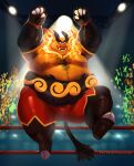  2022 anthro belly big_belly black_body bodily_fluids emboar fighting_ring hi_res male nintendo obese obese_male orange_body overweight overweight_male pok&eacute;mon pok&eacute;mon_(species) red_body shibadoodles solo sweat video_games 