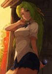  1girl blue_ribbon blue_skirt breasts closed_mouth collared_shirt cowboy_shot dress_shirt green_eyes green_hair hair_intakes hair_ribbon higurashi_no_naku_koro_ni holding holding_weapon long_hair looking_at_viewer medium_breasts miniskirt nasubin_(nasubisamurai15) neck_ribbon outdoors pleated_skirt ribbon school_uniform shirt short_sleeves skirt smile solo sonozaki_shion st._lucia_academy_school_uniform striped striped_ribbon taser very_long_hair weapon white_shirt wing_collar yellow_ribbon 