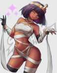  1girl ass_visible_through_thighs asymmetrical_legwear bandaged_arm bandages black_gloves black_thighhighs blue_eyes bracelet breasts circlet contrapposto cropped_legs dark-skinned_female dark_skin egyptian gloves head_tilt highres hymin jewelry looking_at_viewer medium_hair menat mismatched_legwear naked_bandage navel o-ring official_alternate_costume purple_hair sarashi single_glove small_breasts solo standing street_fighter street_fighter_v thighhighs 