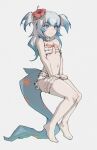  1girl absurdres bare_shoulders barefoot blue_eyes blue_hair blush choker chunkyeggy closed_mouth collarbone film_grain fish_tail flower frilled_choker frilled_swimsuit frills gawr_gura grey_background grey_hair hair_flower hair_ornament highres hololive hololive_english long_hair multicolored_hair navel orange_ribbon pink_choker red_flower ribbon shark_tail short_twintails simple_background sitting solo stitches streaked_hair swimsuit tail twintails virtual_youtuber wavy_mouth 