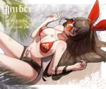  1girl amber_(genshin_impact) arm_tattoo beach black_shorts bow bow_hairband breasts brown-tinted_eyewear brown_eyes brown_hair character_name chest_tattoo english_commentary english_text genshin_impact hairband highres hymin legs_up long_hair looking_at_viewer looking_up lying medium_breasts narrow_waist navel ocean on_back open_fly postcard red_bow round_eyewear short_shorts shorts shoulder_tattoo solo stomach_tattoo sunglasses tattoo tinted_eyewear w_arms water 