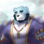  1:1 anthro asian_clothing beard belly blue_body blue_fur bonasiah clothing facial_hair full_attack fur hi_res male mammal matsurishiroii orange_eyes pecs solo sophring_jie ursid 