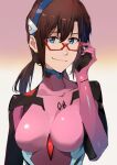  1girl blue_eyes blue_hairband bodysuit brown_hair closed_mouth evangelion:_3.0+1.0_thrice_upon_a_time film_grain gem glasses gradient gradient_background hair_between_eyes hairband hand_on_eyewear highres ibaraki_shun long_hair looking_at_viewer makinami_mari_illustrious neon_genesis_evangelion pink_bodysuit pink_lips plug plugsuit rebuild_of_evangelion red-framed_eyewear red_gemstone smile solo turtleneck twintails upper_body 