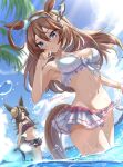  2girls animal_ears armpits bangs bare_arms bare_shoulders bikini bikini_skirt black_hair blue_eyes blue_sky blush breasts brown_hair cloud commentary_request day frilled_bikini frilled_skirt frills grey_hairband hair_between_eyes hairband highres horse_ears korokoro_nekoz large_breasts long_hair looking_at_viewer microskirt mihono_bourbon_(umamusume) multiple_girls navel purple_bikini purple_eyes rice_shower_(umamusume) skirt sky smile stomach swimsuit tail thighs umamusume very_long_hair wading water white_bikini white_skirt 