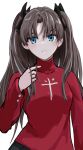  1girl absurdres aibaariu bangs black_bow blue_eyes bow brown_hair closed_mouth fate/stay_night fate_(series) frown hair_between_eyes hair_bow hair_twirling highres long_hair long_sleeves looking_at_viewer red_sweater shiny shiny_hair simple_background solo standing sweater tohsaka_rin turtleneck turtleneck_sweater twintails upper_body very_long_hair white_background 