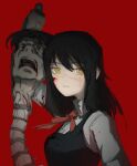  1girl absurdres arm_up black_hairband blood blood_from_eyes blood_from_mouth blood_on_clothes blood_on_face blush bone chainsaw_man chunkyeggy film_grain hairband highres holding holding_sword holding_weapon long_hair looking_at_viewer mitaka_asa no_pupils open_mouth red_ribbon ribbon ringed_eyes scar scar_on_cheek scar_on_face scar_on_nose simple_background sketch solo spine sword teeth tongue upper_body war_devil_(chainsaw_man) weapon yellow_eyes 