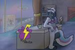  anthro beverage bikini canid canine clothing cyberpunk female fur_dye furfrou inside kynmedia mammal nintendo pok&eacute;mon pok&eacute;mon_(species) science_fiction solo swimwear tea video_games yenlei_haoharra(kynmedia) 