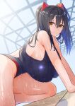  1girl absurdres all_fours artist_request bangs bare_arms bare_shoulders black_hair blue_swimsuit breasts check_artist closed_mouth commentary_request commission from_behind highres large_breasts long_hair looking_at_viewer looking_to_the_side one-piece_swimsuit original ringobatake smile solo swimsuit thighs twintails wet yellow_eyes 