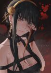  1girl absurdres bangs bare_shoulders black_choker black_hair blood blood_on_breasts blood_on_face blood_on_hands blood_on_weapon blood_splatter breasts choker cleavage collarbone flower hair_flower hair_ornament hairband highres looking_at_viewer medium_breasts red_eyes rerxe shiny shiny_hair short_hair_with_long_locks sidelocks sleeveless solo spy_x_family upper_body weapon yellow_flower yellow_hairband yor_briar 