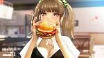  1girl absurdres bangs blunt_bangs blurry blurry_background blush breasts brown_eyes brown_hair burger commentary_request depth_of_field eating food hair_ornament highres holding holding_food indoors jungon_kim korean_commentary looking_at_viewer medium_breasts medium_hair nail_polish original pink_nails solo twintails upper_body 